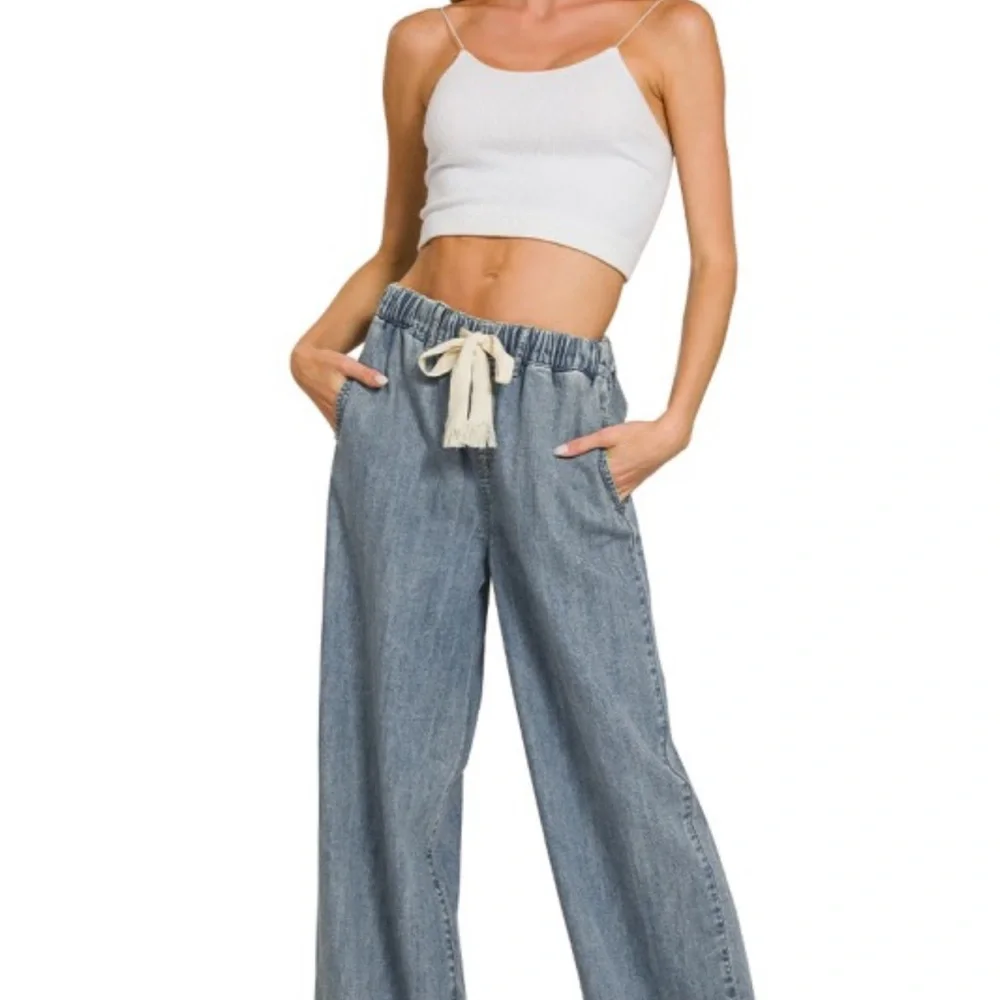 Zenana Wide Leg Denim Pants Drawstring Elastic Waist High Rise Medium NWT - Picture 2 of 13